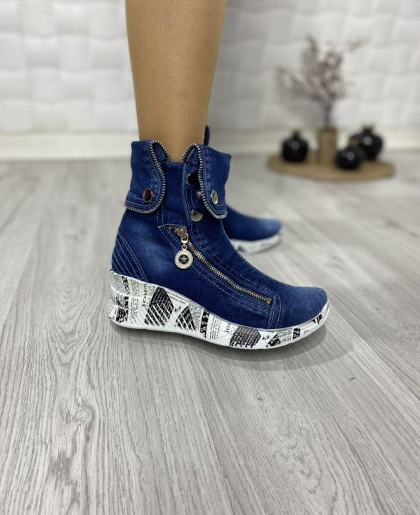 Gizli Topuklu Yandan Fermuarlı Katlanabilir Kot Ayakkabı - 3