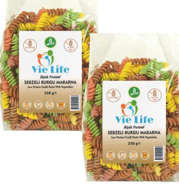Vie Life Düşük Proteinli Sebzeli Burgu Makarna 250 Gr X2