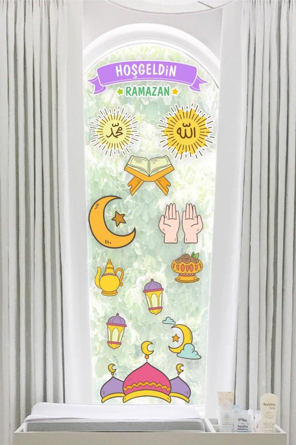 Hoşgeldin Ramazan Dua Cami  Ay Fener Figürleri Cam Duvar Dekorasyon Sticker Seti