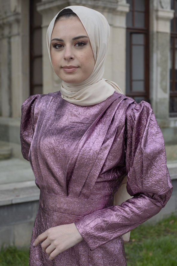Parlak Kumaş Tesettür Abiye Elbise - Pudra - 2