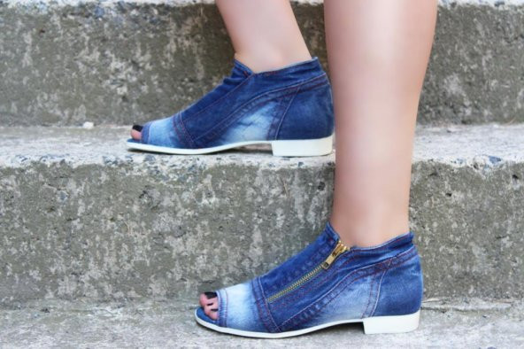 Kadın Mavi Kot Fermuarlı Özel Tasarım Sandalet