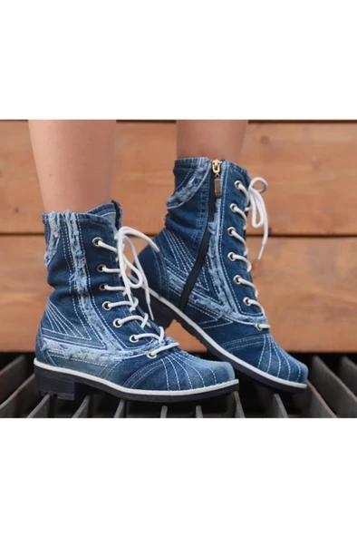 Kadın Mavi Bağcıklı Fermuarlı Tarz Kot Bot - 3