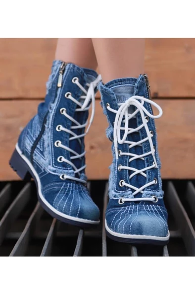 Kadın Mavi Bağcıklı Fermuarlı Tarz Kot Bot - 2