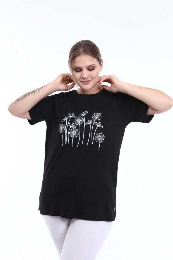PianoLuce Kadın Büyük Beden Baskılı Yarım Kol T-shirt Siyah PLWM21TS009