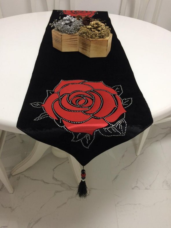 Finezza Runnervelvet Taşlı ve Gül Baskı Kadife Siyah Kırmızı Runner 40x160cm-391 - Resim 2