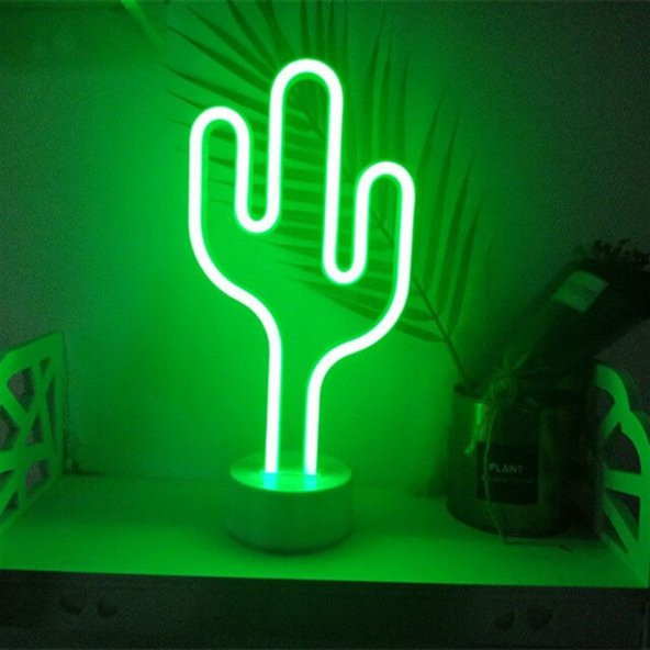 Neon Işıklı Kaktüs Masa Gece Lambası USB+Pil Dekoratif Aydınlatma