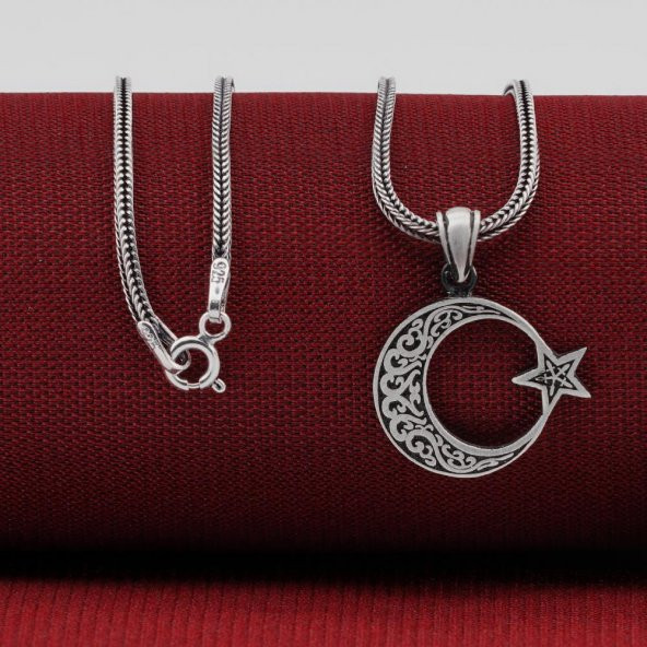 Ay Yıldız Tasarımlı Desenli 925 Ayar Gümüş Kolye - 2