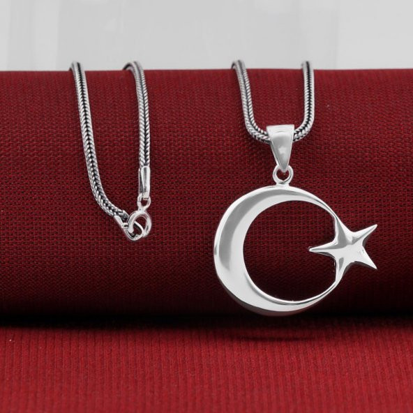 Çift Taraflı Ay Yıldız 925 Ayar Gümüş Kolye - 2
