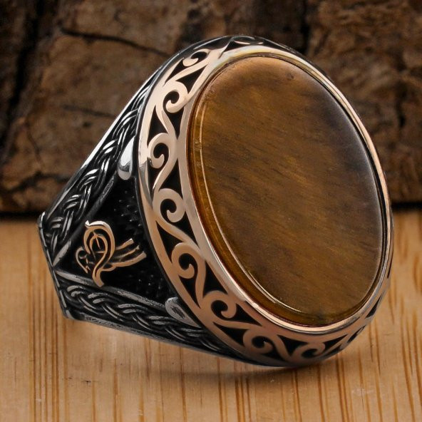 Kaplangözü Taşlı Tuğra Detaylı 925 Ayar Gümüş Yüzük ürün görseli