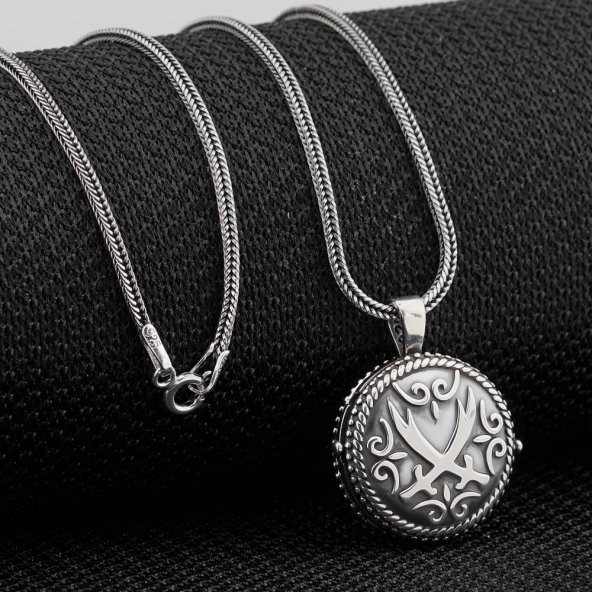 Çift Taraflı Zülfikar Kılıç Tasarımlı Açılabilir 925 Ayar Gümüş Cevşen Kolye - 1