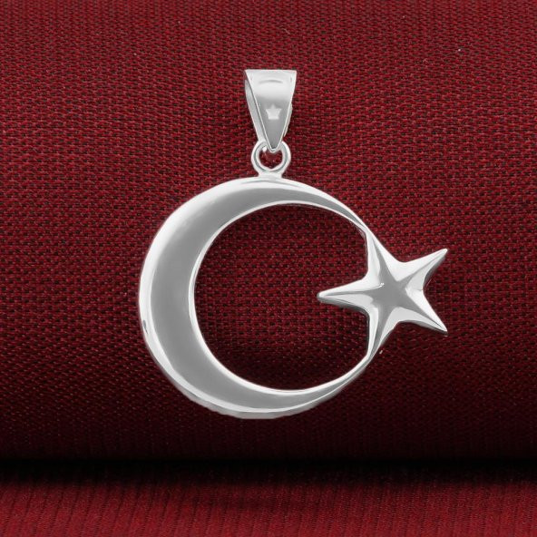 Deri İpli Çift Taraflı Ay Yıldız 925 Ayar Gümüş Kolye - Resim 2