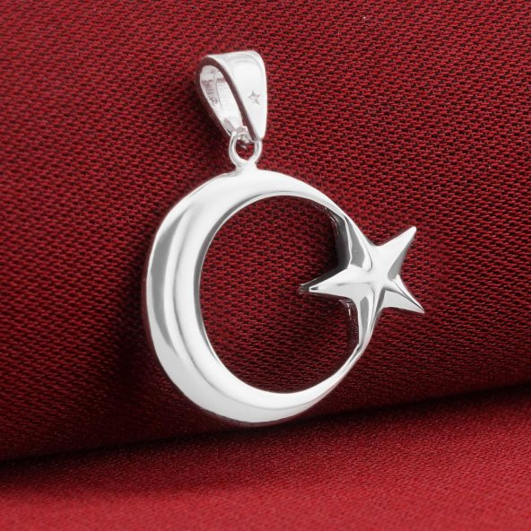 Deri İpli Çift Taraflı Ay Yıldız 925 Ayar Gümüş Kolye - Resim 3