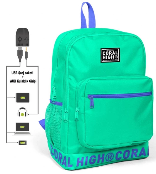 Coral High Logo Nakışlı Yeşil Ortaokul, Lise ve Günlük Sırt Çantası(USB VE AUX SOKETLİ)