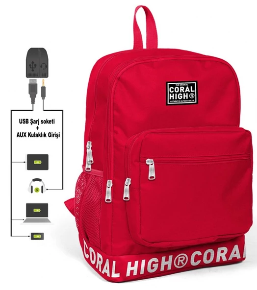 Coral High Logo Nakışlı Kırmızı Ortaokul, Lise ve Günlük Sırt Çantası(USB VE AUX SOKETLİ) ürün görseli