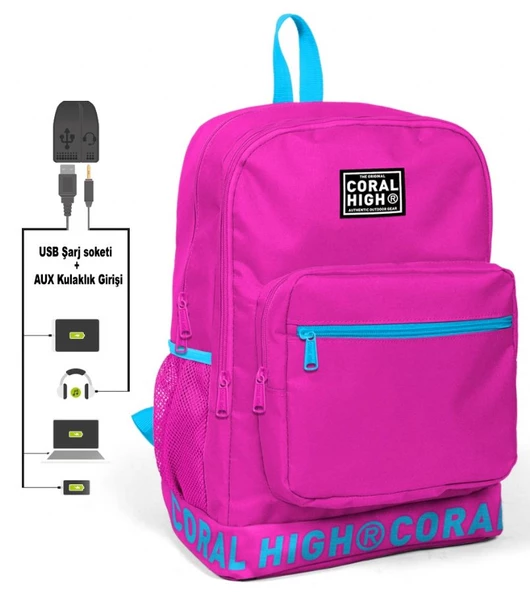 Coral High Logo Nakışlı Pembe Ortaokul, Lise ve Günlük Sırt Çantası(USB VE AUX SOKETLİ)