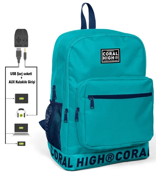 Coral High Logo Nakışlı Turkuaz Ortaokul, Lise ve Günlük Sırt Çantası(USB VE AUX SOKETLİ)