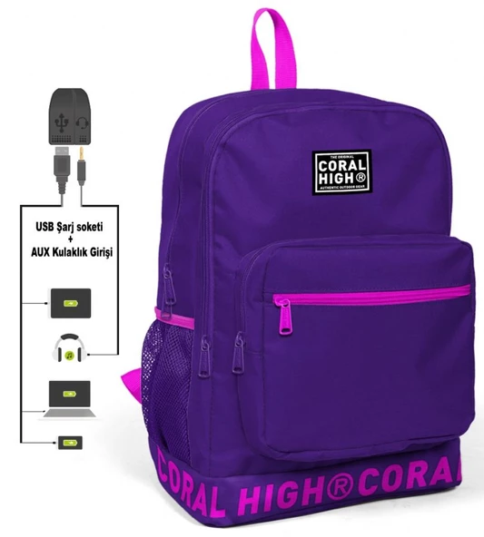 Coral High Logo Nakışlı Mor-Pembe Ortaokul, Lise ve Günlük Sırt Çantası(USB VE AUX SOKETLİ)