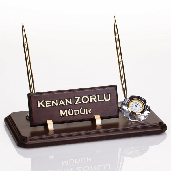 Çift Kalemli Ahşap Masa İsimliği Saatli Ofis Hediye Masa İsimlik - 1