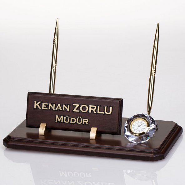Çift Kalemli Ahşap Masa İsimliği Saatli Ofis Hediye Masa İsimlik - 2