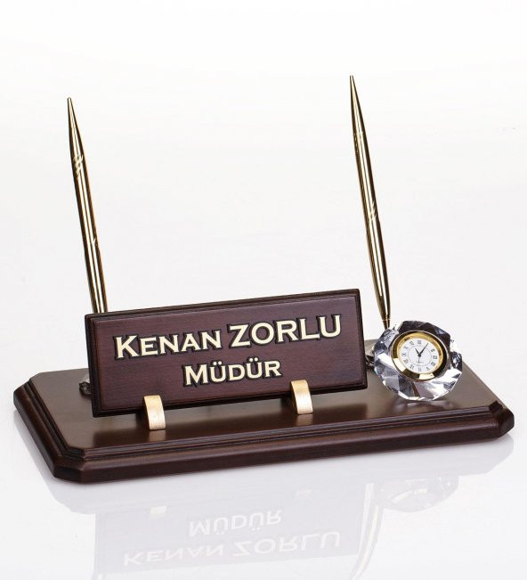 Çift Kalemli Ahşap Masa İsimliği Saatli Ofis Hediye Masa İsimlik - 5