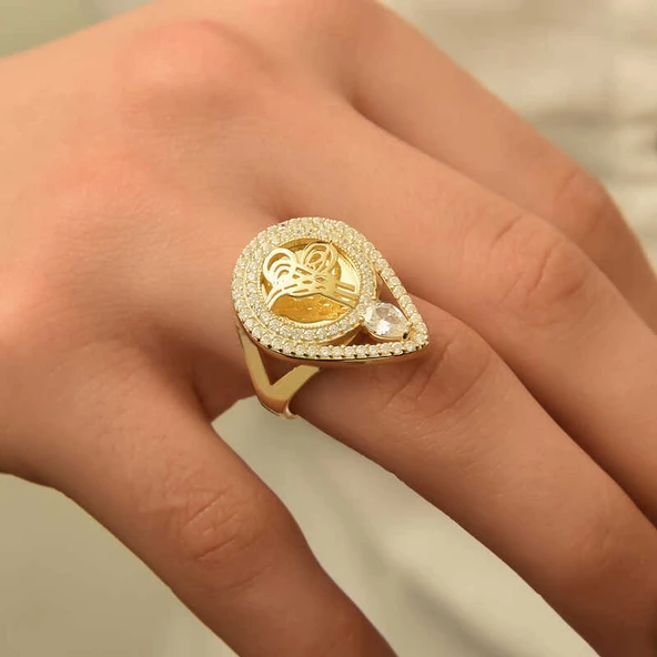 Gümüş Gold Tuğralı Bayan Yüzük - 5