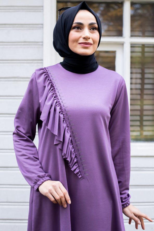 Fırfırlı Tunik ve Pantolonlu İkili Tesettür Takım - Mor - 2