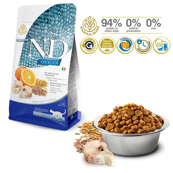 N&D Ocean Az Tahıllı Morina Balıklı&Portakallı Yetişkin Kedi Maması 1,5 K - 4