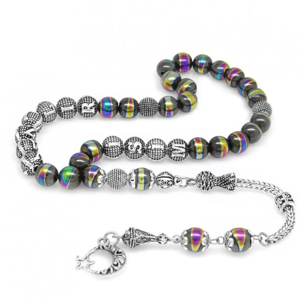 Nipora Kararmaz Metal Püsküllü Küre Kesim İsim Yazılı Multicolor Hematit Doğaltaş Tesbih - 2