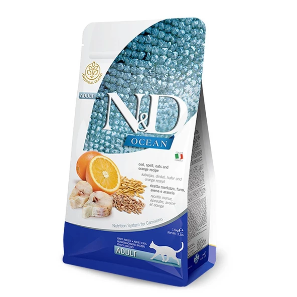 N&D Ocean Az Tahıllı Morina Balıklı&Portakallı Yetişkin Kedi Maması 1,5 K