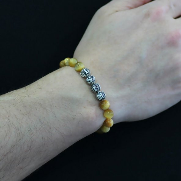 Nipora Renkli Kaplangözü Metal Kombinli Kişiye Özel İsim Yazılı Küre Kesim Doğaltaş Bileklik - Resim 3