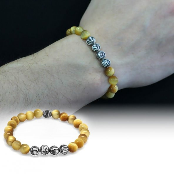 Nipora Renkli Kaplangözü Metal Kombinli Kişiye Özel İsim Yazılı Küre Kesim Doğaltaş Bileklik - Resim 4