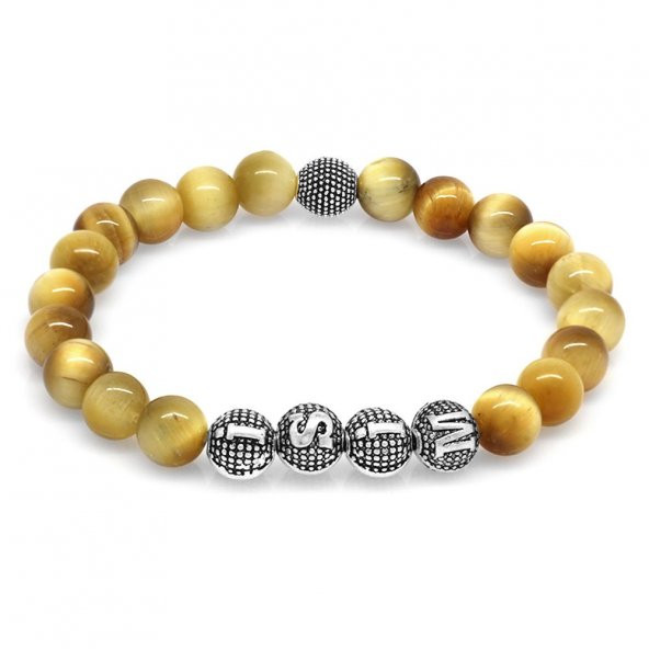 Nipora Renkli Kaplangözü Metal Kombinli Kişiye Özel İsim Yazılı Küre Kesim Doğaltaş Bileklik - Resim 6