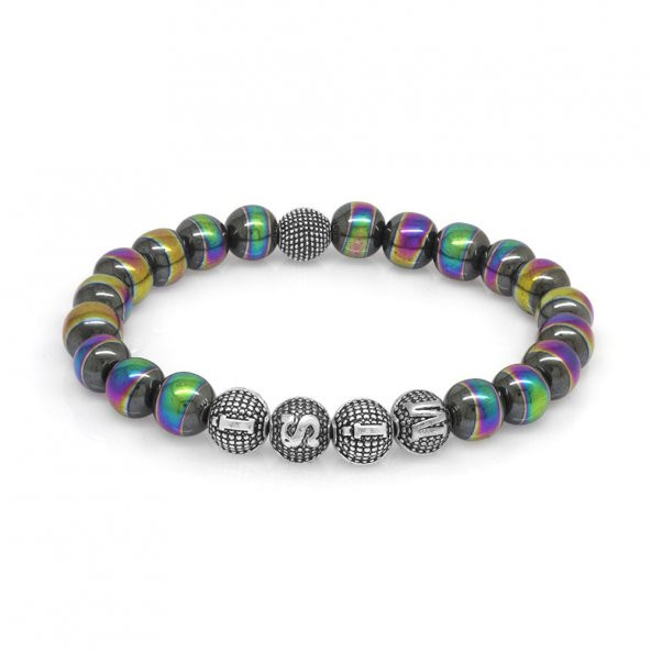 Nipora Multicolor Hematit Metal Kombinli Kişiye Özel İsim Yazılı Küre Kesim Doğaltaş Bileklik