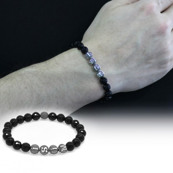 Nipora Fasetalı Oniks Metal Kombinli Kişiye Özel İsim Yazılı Küre Kesim Doğaltaş Bileklik - Resim 2