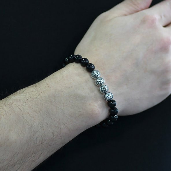 Nipora Oniks Metal Kombinli Kişiye Özel İsim Yazılı Küre Kesim Doğaltaş Bileklik - Resim 5