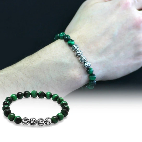 Nipora Yeşil Kaplangözü Metal Kombinli Kişiye Özel İsim Yazılı Küre Kesim Doğaltaş Bileklik - Resim 2