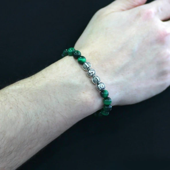 Nipora Yeşil Kaplangözü Metal Kombinli Kişiye Özel İsim Yazılı Küre Kesim Doğaltaş Bileklik - Resim 3