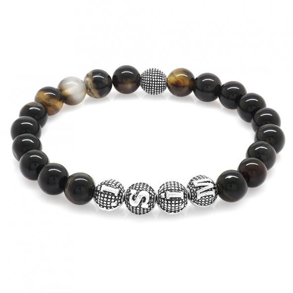 Nipora Süleyman Akik Metal Kombinli Kişiye Özel İsim Yazılı Küre Kesim Doğaltaş Bileklik - 6