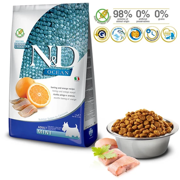 N&D Ocean Tahılsız Ringa Balıklı&Portakallı Mini Irk Yetişkin Köpek Maması 2.5 KG - 2