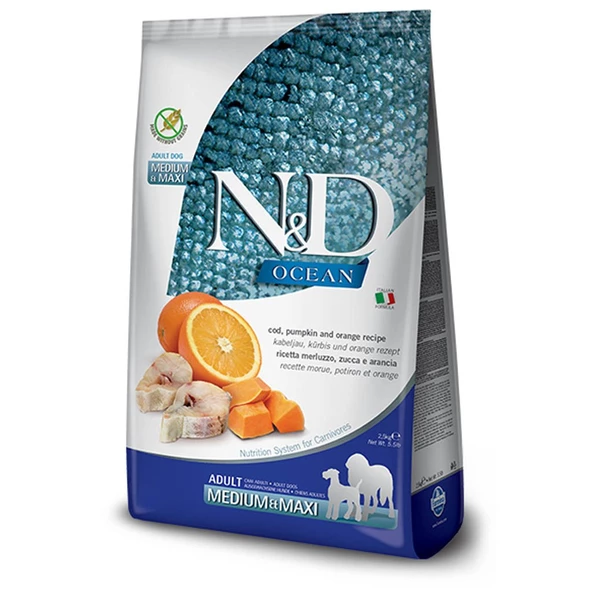 N&D Ocean Morina Balık&Balkabaklı Orta-Büyük Irk Yetişkin Köpek Maması 2,5 KG