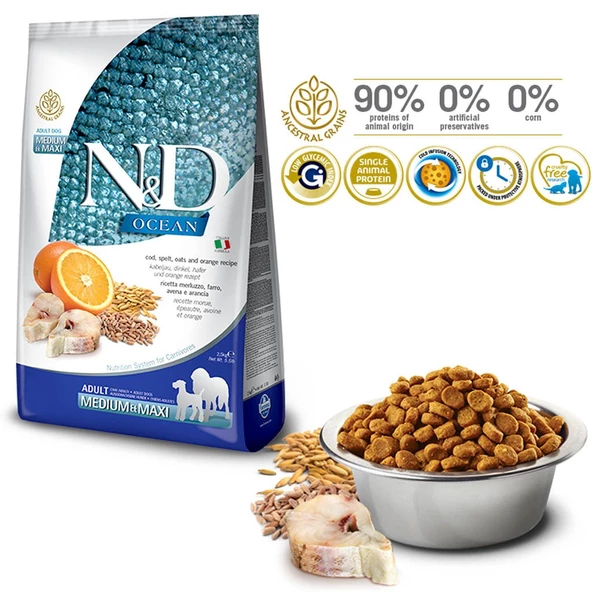 N&D Ocean Az Tahıllı Morina Balıklı Orta-Büyük Irk Yetişkin Köpek Maması 12Kg - 2