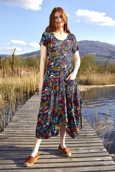 Otantik Havuz Yaka Yarım Kollu Uzun Elbise - Resim 2