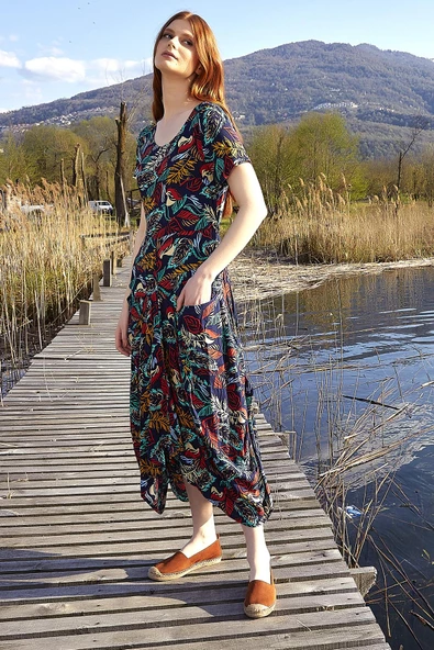 Otantik Havuz Yaka Yarım Kollu Uzun Elbise - Resim 4