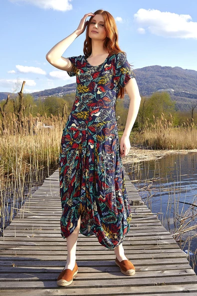 Otantik Havuz Yaka Yarım Kollu Uzun Elbise - Resim 3