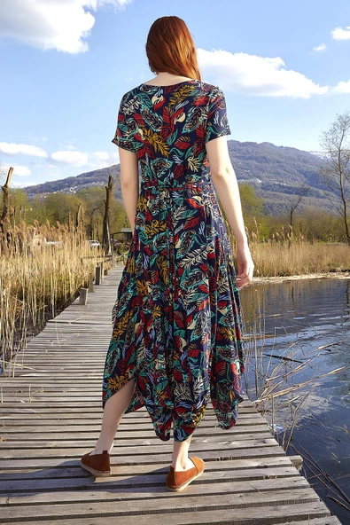 Otantik Havuz Yaka Yarım Kollu Uzun Elbise - Resim 5