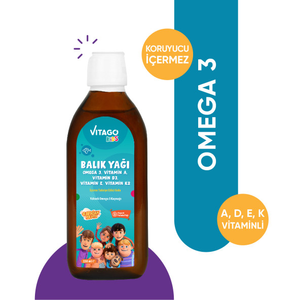 Vitago Kids Balık Yağı Omega 3, Vitamin A, D3, E, K2 İçeren Şurup