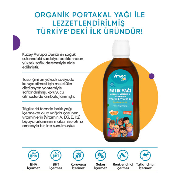 Vitago Kids Balık Yağı Omega 3, Vitamin A, D3, E, K2 İçeren Şurup - 2