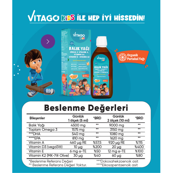 Vitago Kids Balık Yağı Omega 3, Vitamin A, D3, E, K2 İçeren Şurup - 3