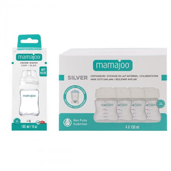 Mamajoo Anne Sütü Saklama Kabı Seti 4x150 ml & Cam Biberon 180 ml - 10