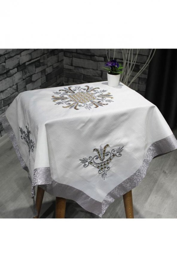 Lale Nakışlı Fiskos Krem Gri 100x100 Cm - Resim 5